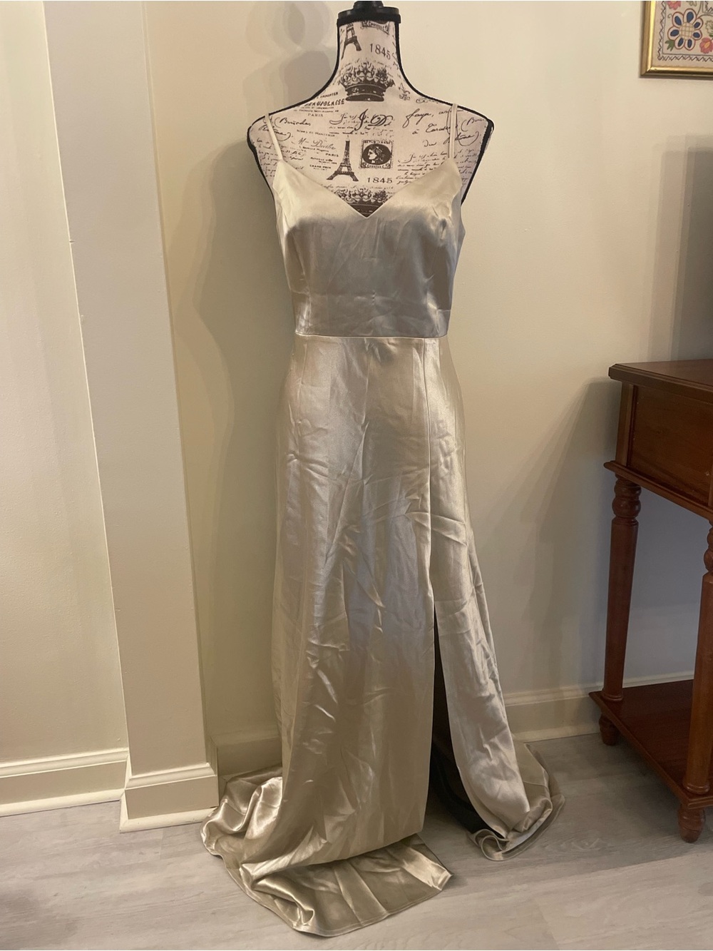 Birdy Grey Gold Champagne Satin Slip Gown with Front Slit ~ M